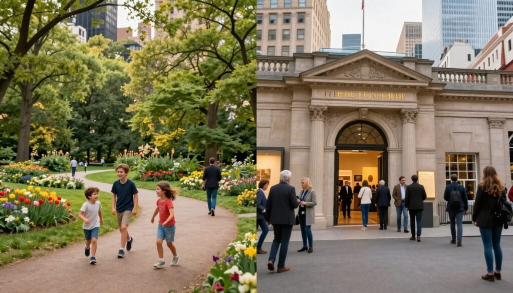 A side-by-side comparison of free and paid attractions in a vibrant travel scene. In the foreground, a cheerful family explores a lush, free park with green trees, blooming flowers, and a winding path, showcasing children laughing and playing. In contrast, the middle ground features a ticketed museum entrance with elegant architecture, a diverse group of people in professional business attire admiring the exhibits. The background displays contrasting city skylines: to the left, the natural beauty of the park, and to the right, the busy streets surrounding the museum. The lighting is warm and inviting, casting a soft glow over both attractions, emphasizing the joy of exploration. The overall atmosphere is lively yet informative, capturing the essence of both experiences without cluttering the image with text or distractions.