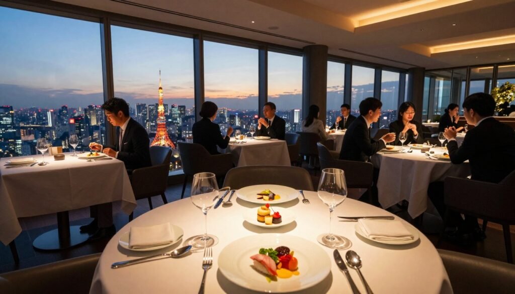 A stunning view from the Shibuya Heights Observatory, showcasing a stylish dining area with elegant tables set for a luxurious meal. In the foreground, beautifully plated dishes include sushi and gourmet desserts, surrounded by sparkling glassware and utensils. The middle ground features modern dining furniture, with guests in professional business attire enjoying their meals, engaged in lively conversation. The background reveals a panoramic view of Tokyo's skyline, with vibrant city lights twinkling as dusk descends, casting a warm glowing ambiance. The scene is lit with soft, intimate lighting from overhead fixtures, enhancing the atmospheric feel. Use a wide-angle lens to capture the depth and liveliness of this dining experience at Shibuya Sky, emphasizing the breathtaking views and sophisticated vibe.