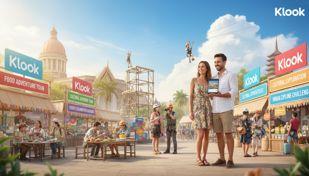 A vibrant outdoor scene showcasing diverse Klook Tours, depicting a bustling marketplace with tourists exploring various activities. In the foreground, a cheerful couple in modest casual clothing interacts with a friendly tour guide holding a tablet, showcasing the app’s features. The middle ground features groups of travelers engaged in different tours such as food tasting, cultural sightseeing, and adventure sports, each surrounded by colorful signage and local attractions. The background features iconic landmarks under a bright blue sky with fluffy white clouds, suggesting a sunny day. Soft natural lighting enhances the lively atmosphere, while a slightly elevated angle captures the excitement of exploration. This realistic photograph conveys a sense of adventure and discovery, inviting viewers to engage with Klook’s offerings.