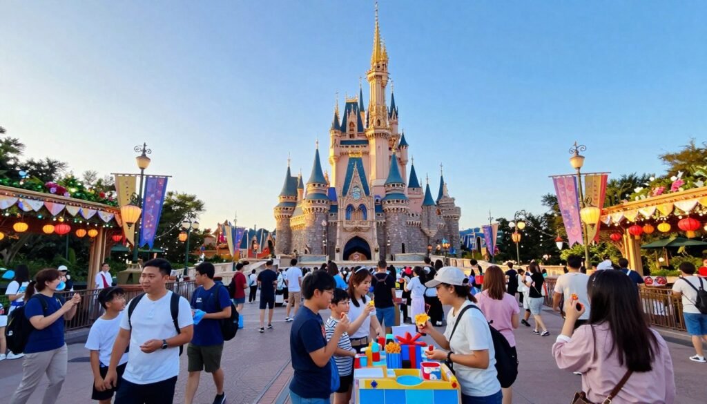 A vibrant scene depicting seasonal events at Tokyo Disney Resort, capturing the enchanting atmosphere during a lively festival. In the foreground, joyful families in modest casual clothing are enjoying colorful snacks and participating in activities, surrounded by themed decorations like lanterns and festive banners. In the middle ground, the iconic Cinderella Castle is adorned with seasonal embellishments, such as twinkling lights and floral displays. The background showcases a clear blue sky, with the sun casting a warm glow, enhancing the magical vibe. The angle is slightly elevated, offering a panoramic view of the bustling park, highlighting the cheerful atmosphere. The image conveys a sense of wonder and excitement, perfect for illustrating the joy of seasonal celebrations at the resort.