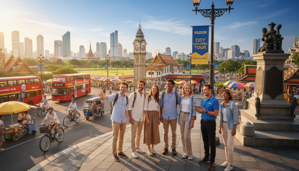A vibrant scene showcasing diverse travelers enjoying various Klook tours in a bustling city environment. In the foreground, a group of tourists dressed in smart casual clothing, all smiling and engaging with a local guide, who explains an attraction. In the middle, iconic landmarks and vibrant street life provide context, with colorful banners marking tour spots. The background features a clear blue sky and distant skyline of the city, creating an inviting atmosphere. Soft, warm lighting captures the joyful expressions of the travelers, evoking a sense of adventure and satisfaction. A dynamic angle from slightly above enhances the sense of interaction and movement among the group, emphasizing the excitement of user experiences.