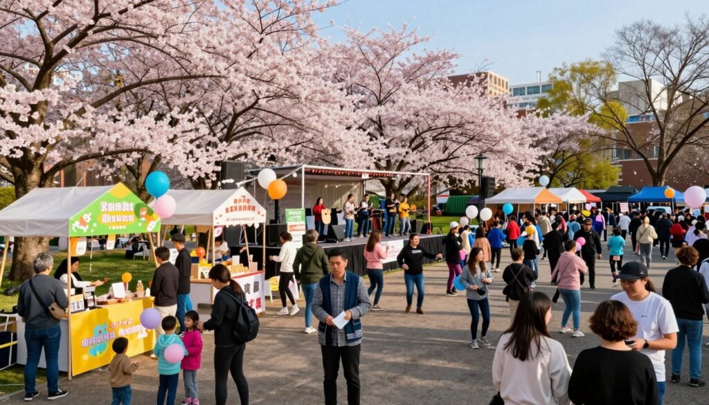 A vibrant scene showcasing seasonal events in an urban park setting during spring. In the foreground, families of diverse backgrounds are enjoying a free outdoor festival, with colorful food stalls and children playing with balloons. The middle ground features a ticketed section hosting a live music performance, with an audience dancing and enjoying themselves. In the background, blooming cherry blossom trees and a clear blue sky enhance the joyful atmosphere, while soft sunlight casts warm, inviting light. The image should capture a dynamic angle as if taken from a slightly elevated perspective to highlight the lively interactions below. Emphasize a mood of celebration, togetherness, and community spirit, reflecting the contrast between free and paid attractions without any text or overlays.