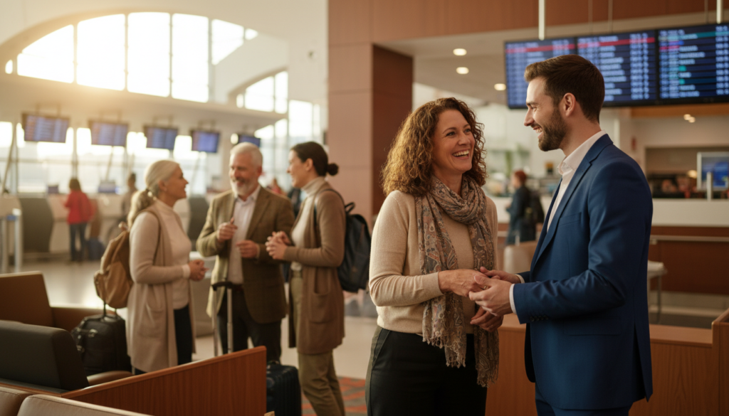 A warm, realistic photograph depicting a diverse group of travelers engaging in supportive conversation at an airport lounge. In the foreground, a middle-aged woman in a smart casual outfit leans toward a young man dressed in business attire, both smiling and sharing a moment of camaraderie. In the middle, a middle-aged couple enjoys a friendly exchange with a fellow traveler, creating a sense of community. The background shows airport details, such as check-in counters and flight information screens, with soft, diffused lighting that conveys a welcoming atmosphere. A lens with a slight blur enhances the depth of field, focusing the viewer's attention on the connection between the travelers. Overall, the mood is uplifting and reassuring, emphasizing the theme of support amongst fellow travelers. A warm, realistic photograph depicting a diverse group of travelers engaging in supportive conversation at an airport lounge. In the foreground, a middle-aged woman in a smart casual outfit leans toward a young man dressed in business attire, both smiling and sharing a moment of camaraderie. In the middle, a middle-aged couple enjoys a friendly exchange with a fellow traveler, creating a sense of community. The background shows airport details, such as check-in counters and flight information screens, with soft, diffused lighting that conveys a welcoming atmosphere. A lens with a slight blur enhances the depth of field, focusing the viewer's attention on the connection between the travelers. Overall, the mood is uplifting and reassuring, emphasizing the theme of support amongst fellow travelers.