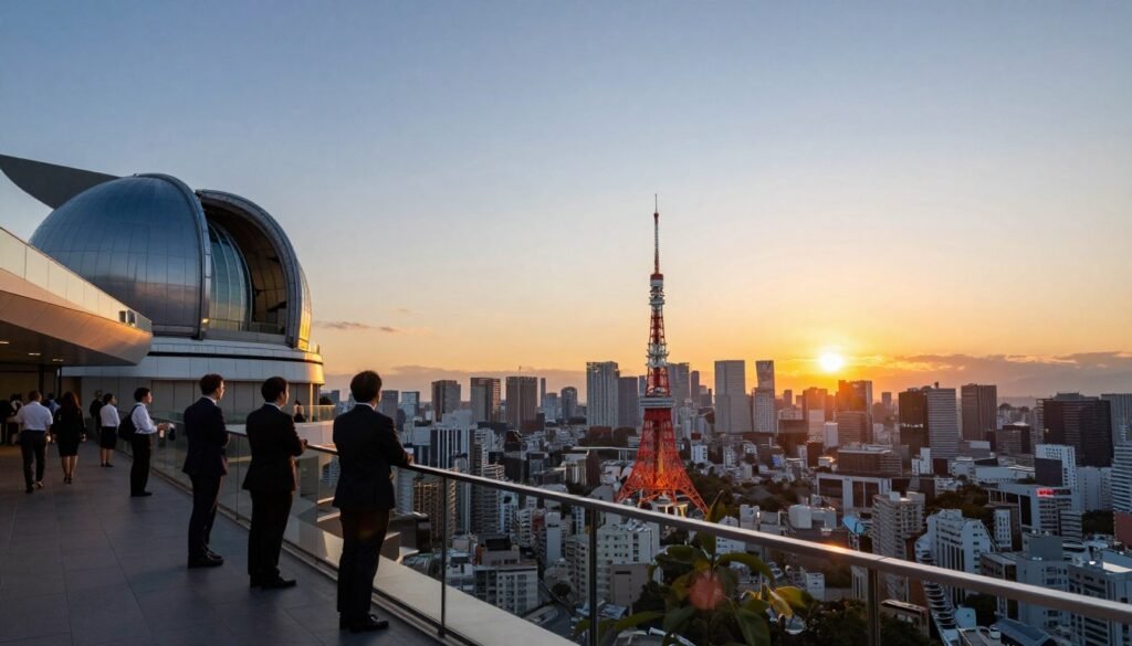 Capture a stunning view from the Shibuya Sky Observatory during a clear sunset, with golden hues casting soft light over Tokyo’s skyline. In the foreground, a glass railing provides a barrier as visitors gaze out, dressed in professional business attire, subtly silhouetted against the brilliant sky. The middle layer showcases the observatory's sleek, modern architecture, emphasizing its futuristic design with clean lines and reflective surfaces. The background features the iconic Tokyo skyline, including the Tokyo Tower and the sprawling cityscape, bathed in warm twilight. Use a wide-angle lens effect to create a sense of immersion, with vibrant colors and soft bokeh effects around the edges, conveying a sense of wonder and exploration in an urban paradise.
