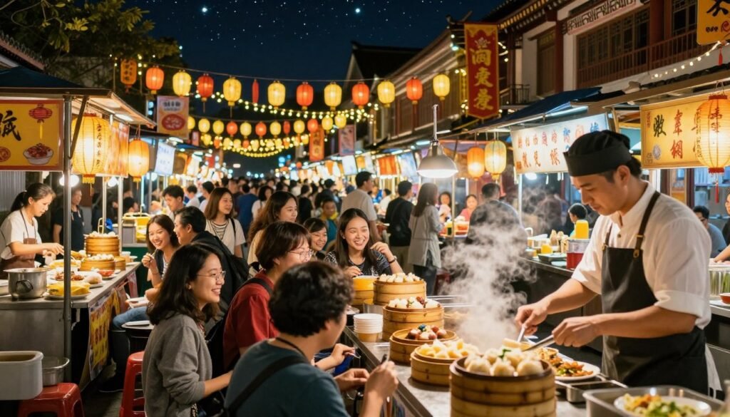 Vibrant Asian night market scene bustling with activity, showcasing a diverse array of colorful food stalls and hundreds of visitors enjoying street food delicacies. In the foreground, a stall selling steaming dim sum, with the chef serving customers. The middle ground features families and friends sharing laughter, surrounded by glowing lanterns and fairy lights that create a warm, inviting atmosphere. The background reveals a lively street lined with banners and traditional decorations, illuminated under a night sky filled with stars. Capture the ambiance with soft lighting, using a slightly tilted angle to create a dynamic perspective, reminiscent of travel photography. Convey a festive and joyous mood, highlighting the cultural richness and energy of the night market experience.