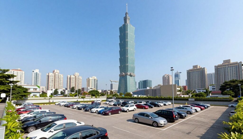 A beautifully composed image depicting the parking area of Taipei 101, filled with clean lines and modern architecture. In the foreground, a spacious, well-organized parking lot with colorful cars, seamlessly blending into the surroundings. The middle ground showcases the iconic Taipei 101 tower, towering majestically in the background, reflecting the sunlight with its glass façade. The atmosphere is vibrant and inviting, with a clear blue sky overhead and a hint of green plants along the edges. The lighting is bright and natural, enhancing the sense of a busy, urban environment. The angle captures the height of Taipei 101 while providing a clear view of the parking area, evoking a sense of accessibility for visitors.