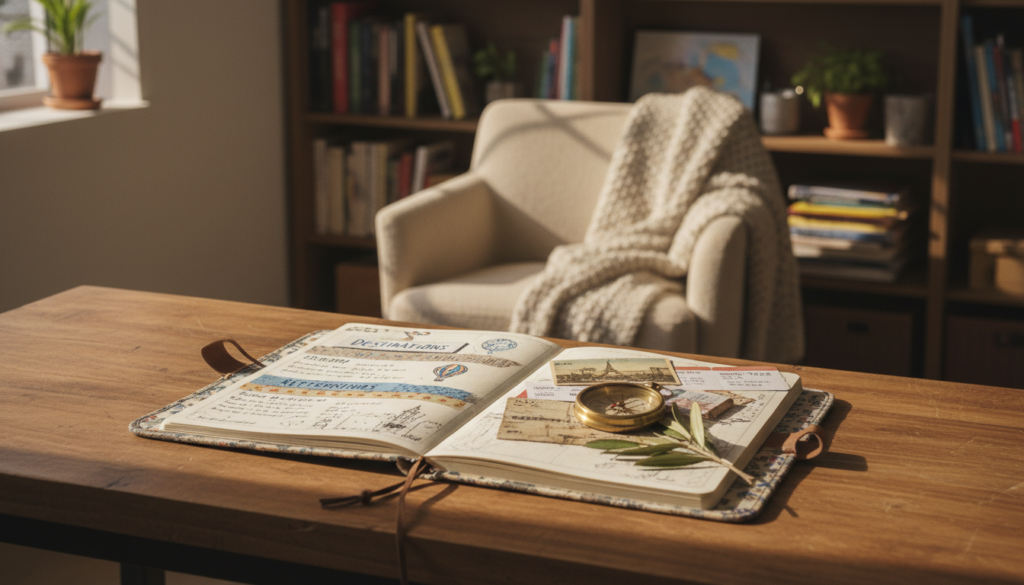 A beautifully organized travel journal spread open on a rustic wooden table. In the foreground, colorful handmade dividers label various sections such as "Destinations," "Experiences," and "Reflections," with handwritten notes and sketches. In the middle, an artistic array of travel memorabilia is thoughtfully arranged: postcards, ticket stubs, and a compass. Soft natural light filters in from a nearby window, casting gentle shadows, enhancing the warm and inviting atmosphere. The background features a cozy reading nook with a plush armchair and shelves filled with travel books, evoking a sense of wanderlust and adventure. The overall mood is inspiring and tranquil, perfect for encouraging travelers to document their journeys.