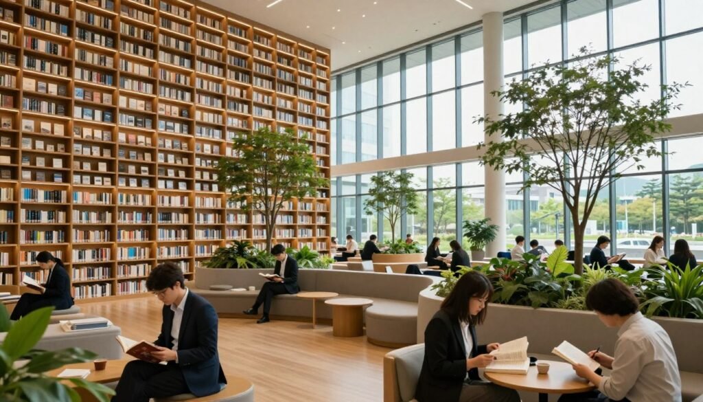 A breathtaking view of the Starfield Library in Suwon, showcasing its stunning architecture with towering bookcases filled with books, illuminated by warm, ambient lighting. In the foreground, visitors are seen reading and studying in a serene environment, dressed in professional attire. The middle ground features modern seating areas surrounded by lush greenery and small trees integrated into the design, enhancing the calm atmosphere. The background reveals large glass windows that reflect natural light and the beauty of the outdoors. The scene captures a sense of tranquility and inspiration, evoking a desire to explore the world of knowledge within. A wide-angle lens perspective emphasizes the grandeur of the space, with soft focus highlighting the details. The overall mood is inviting and intellectual, ideal for a captivating library experience.