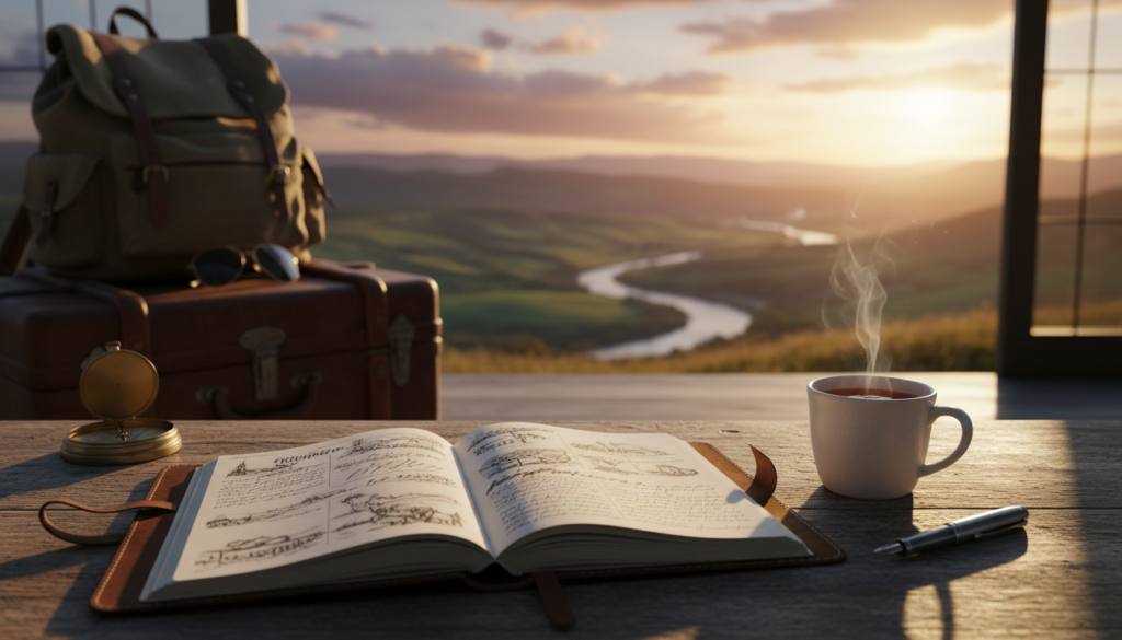 A cozy travel journal on a rustic wooden table set against a backdrop of a breathtaking sunset over a serene landscape. In the foreground, the open journal features hand-written notes and sketches, accompanied by a stylish fountain pen and a cup of steaming tea. In the middle ground, a well-traveled backpack rests beside an elegant compass and a pair of sunglasses, hinting at adventures ahead. The background showcases rolling hills bathed in golden light, with soft clouds enhancing the tranquil atmosphere. The scene is warmly lit, capturing a moment of reflection and creativity, evoking the feeling of inspiration that comes from documenting travels. The overall mood is peaceful and inviting, perfect for encouraging readers to pause and write.