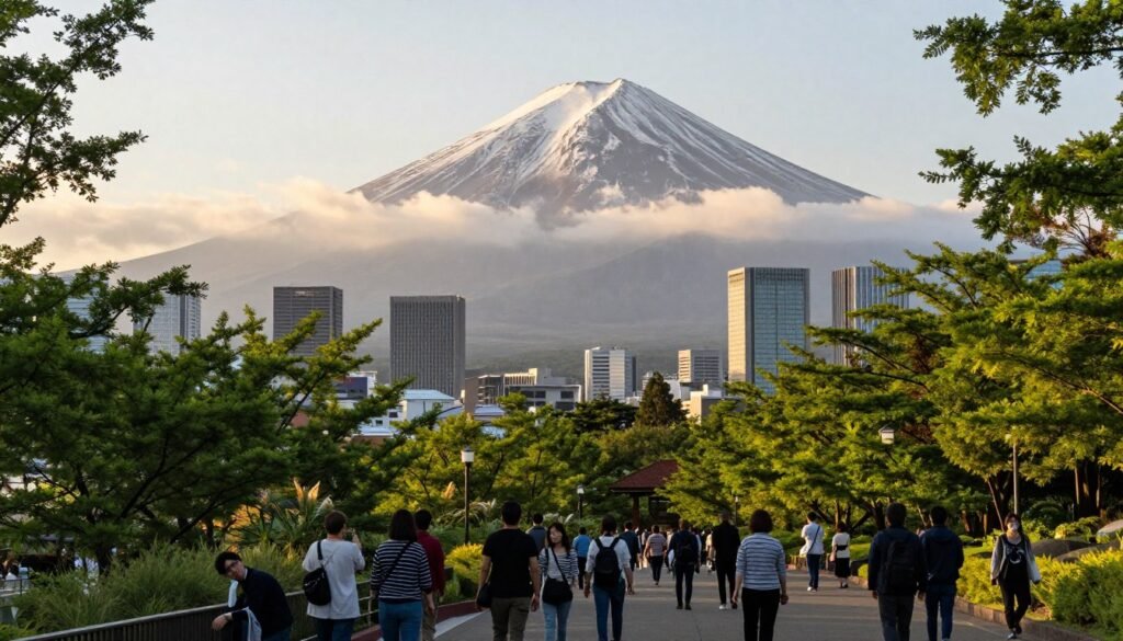A panoramic view of Mt. Fuji from a vantage point in Tokyo, showcasing the majestic peak partially shrouded in wispy clouds. In the foreground, lush green trees line a scenic park pathway where a diverse group of tourists, dressed in casual yet modest clothing, admire the breathtaking landscape. The middle ground features modern Tokyo skyscrapers with a contrasting urban feel against the natural beauty of Mt. Fuji in the background. The scene is bathed in warm, golden sunlight during the late afternoon, creating a tranquil and inviting atmosphere. The composition utilizes a wide-angle lens to capture both the grandeur of the mountain and the vibrant cityscape, emphasizing Japan's harmonious blend of nature and urban life.