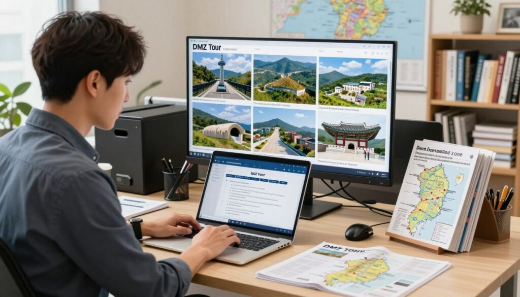 A professional travel planner seated at a desk, booking a DMZ tour from Seoul on a sleek laptop. The foreground features the planner, dressed in smart casual attire, with a focused expression, surrounded by brochures and a map highlighting the Korean Demilitarized Zone. In the middle, a large screen displays images of the DMZ, showcasing famous landmarks like the Third Infiltration Tunnel and the Joint Security Area. The background features a well-organized office with travel-themed decor, maps of Korea, and a bookshelf filled with travel guides. Warm, natural lighting creates an inviting atmosphere, evoking excitement and anticipation for the adventure ahead. The image should feel dynamic and professional, resembling a high-quality travel stock photo.