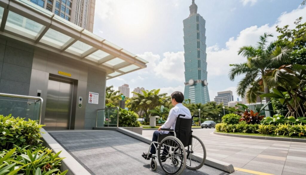 A realistic, high-resolution image depicting the accessibility features of Taipei 101, prominently showcasing a wheelchair ramp in the foreground with a visitor in professional attire using it. In the middle ground, a clear, open entrance of Taipei 101 reveals an elevator with accessibility buttons, along with signage indicating accessibility options. The background features the iconic Taipei 101 building, surrounded by lush greenery and a bright, sunny sky. The lighting is bright and inviting, emphasizing a welcoming atmosphere. The lens should be slightly wide-angle to capture both the architectural details of the building and the accessibility features harmoniously. Overall, the mood conveys inclusivity and ease of access for all visitors.