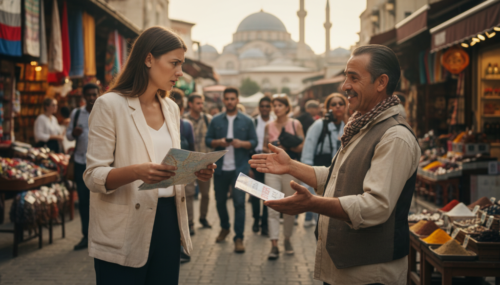A realistic photo depicting a travel scam encounter in a bustling tourist destination. In the foreground, a concerned traveler, a young woman in professional casual attire, is speaking with a friendly yet suspicious-looking vendor who is gesturing animatedly. In the middle, a colorful street filled with local shops and other tourists, capturing the vibrancy of travel but with an underlying tension. The background shows iconic landmarks blurred slightly to keep the focus on the encounter. The scene is lit with warm afternoon sunlight, creating a lively yet cautious mood. The angle is slightly from above, offering a view of both the traveler and vendor, revealing their body language and expressions, emphasizing the importance of awareness in travel situations.