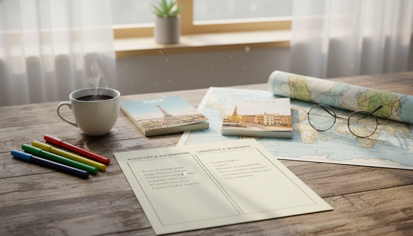 Detailed trip planning checklist on a table with travel notes