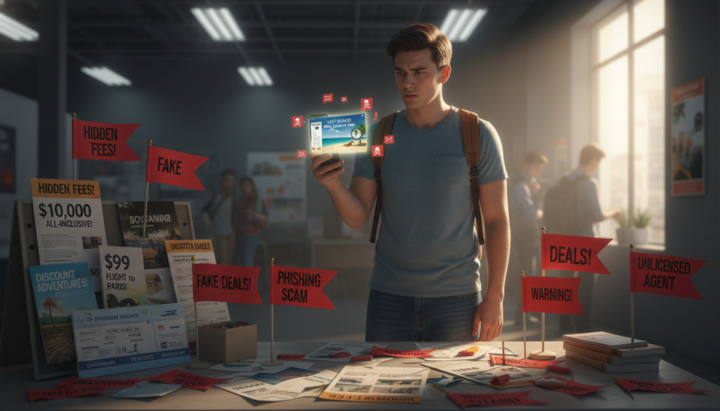 A realistic photo showcasing a variety of red flags symbolizing travel scams. In the foreground, a travel agent's desk cluttered with colorful warning signs, including exaggerated price tags, unprofessional brochures, and counterfeit tickets, all displayed prominently. In the middle ground, a concerned traveler wearing a modest casual outfit, looking perplexed as they examine a suspicious email showcasing a too-good-to-be-true deal. The background features a bustling travel agency environment with dim lighting to create a sense of urgency, while a large window lets in soft, natural daylight highlighting the red flags. The atmosphere is tense but informative, illustrating the need for vigilance against scams in travel planning.