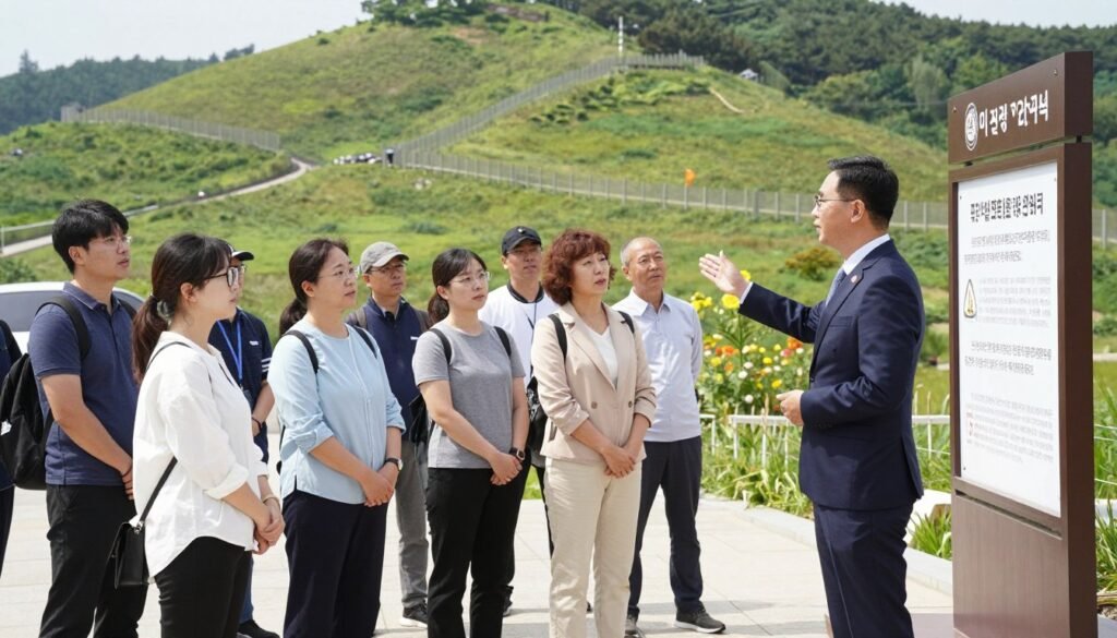 A scenic view of the Korean Demilitarized Zone (DMZ) tour, featuring a well-dressed tour guide in a professional outfit explaining safety tips to a small group of tourists. The foreground showcases the tour guide gesturing towards a well-marked safety sign, emphasizing the importance of following guidelines. In the middle ground, the tourists attentively listen, displaying a mix of curiosity and caution, all wearing modest, casual clothing suitable for travel. The background presents a lush, green landscape with rolling hills and security fences, illustrating the unique atmosphere of the DMZ. The lighting is natural and bright, capturing the essence of a clear day, and the angle is slightly elevated to provide a panoramic view of the area, creating a sense of openness and awareness.