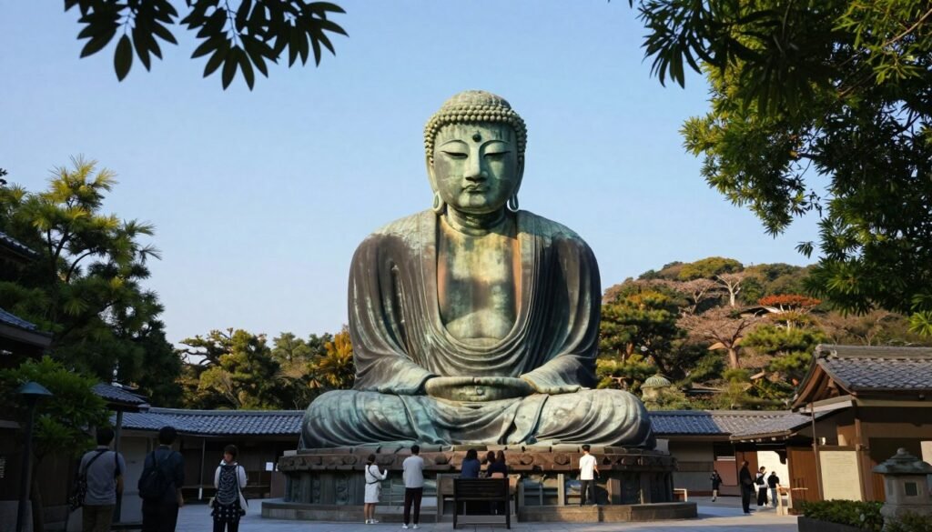 A serene view of the Great Buddha of Kamakura, a magnificent bronze statue standing 13.35 meters tall, set against a clear blue sky. In the foreground, lush green foliage frames the statue, emphasizing its grandeur. The middle ground features a well-trodden path leading towards the Buddha, dotted with curious visitors dressed in modest attire, admiring the historical monument. The background showcases gentle rolling hills, with soft sunlight illuminating the scene, creating a warm and inviting atmosphere. The image captures a professional travel photography style, shot from a low angle to accentuate the statue's height, with a depth of field that gently blurs the surroundings while keeping the Buddha in crisp focus, evoking a sense of peace and reflection.