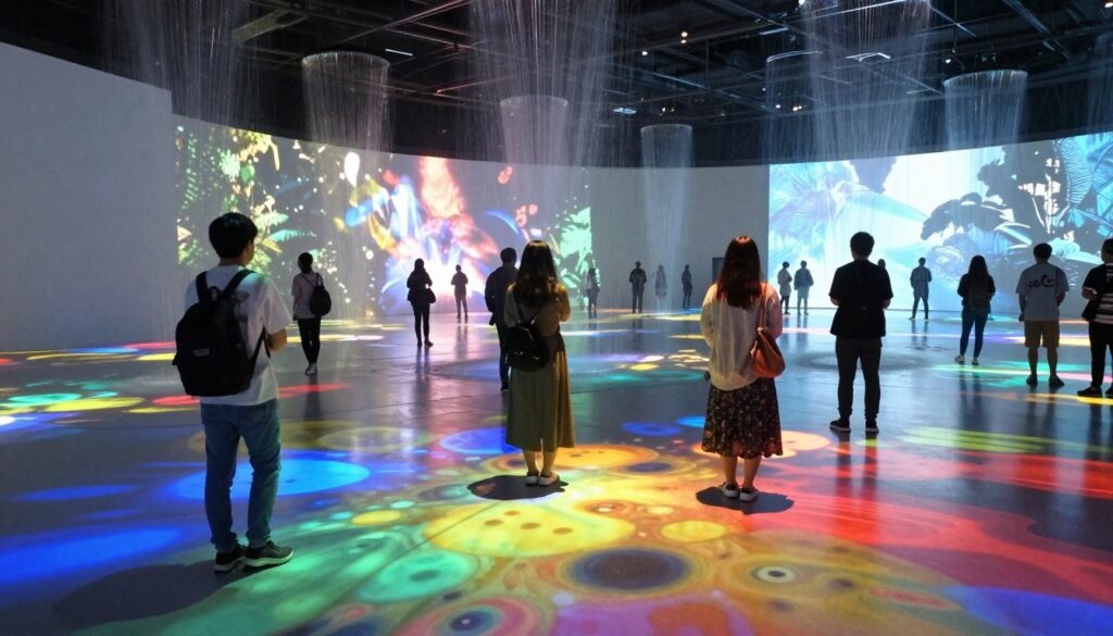 A stunning view of teamLab Planets Tokyo, featuring immersive art installations that blend technology and nature. In the foreground, several visitors dressed in fashionable, modest clothing are captivated by a colorful, interactive digital display that reflects vibrant patterns on the floor. The middle ground showcases a vast, open space filled with mesmerizing light reflections, surrounded by ethereal water features creating a tranquil atmosphere. In the background, softly glowing screens project abstract visuals, enhancing the otherworldly experience. The lighting is soft and dynamic, casting gentle colorful shadows that invite exploration. Capture this scene with a wide-angle lens from a low angle to emphasize the scale and splendor of the installations, evoking a sense of wonder and curiosity about the journey to this extraordinary place.