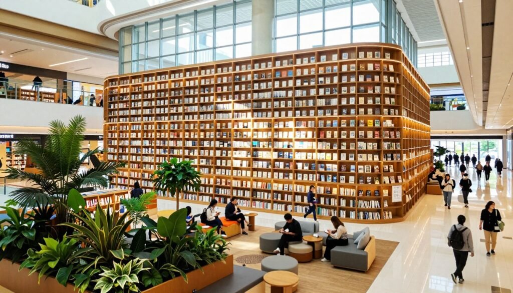 A stunning view of the Starfield Library located within the Starfield Mall in Suwon. In the foreground, lush green plants and contemporary seating areas invite visitors to relax while browsing books. The middle section showcases the grand architectural design of the library, featuring floor-to-ceiling bookshelves filled with books, illuminated by warm, natural light pouring through large windows. The background reveals the bustling atmosphere of the mall, with shoppers wandering through, creating a vibrant and lively ambiance. Use a wide-angle lens to capture the expansive interior, highlighting the interplay of light and shadow across the space. The mood should be inviting and intellectually stimulating, radiating warmth and enthusiasm for reading. Aim for a realistic, travel photography aesthetic.