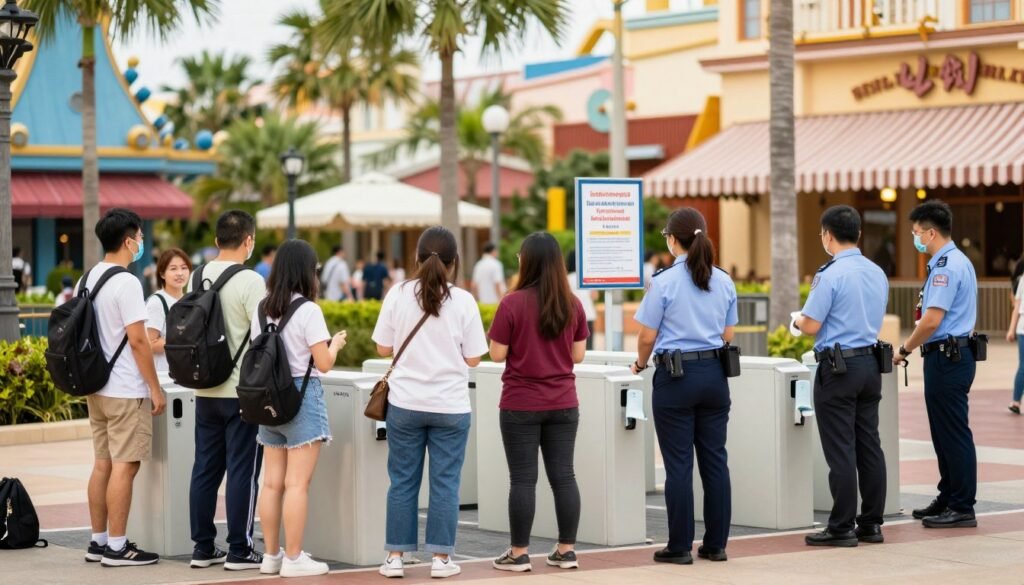 A vibrant, realistic scene depicting safety measures at Universal Studios Singapore. In the foreground, a diverse group of visitors, including families and friends, wearing casual summer clothing, stand in front of a safety checkpoint, where staff members in uniforms guide them. In the middle ground, clear signage emphasizes health and safety guidelines, with visible hand sanitizing stations. The background features iconic attractions of the theme park, slightly blurred to create depth. Warm, natural lighting enhances the inviting atmosphere, while a wide-angle lens captures the lively environment. The overall mood is cheerful and reassuring, highlighting the fun of the park while ensuring a commitment to safety for all guests.