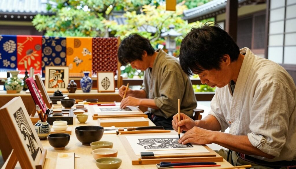 A vibrant scene capturing the essence of Kamakura's traditional crafts. In the foreground, artisans skillfully create intricate woodblock prints and pottery, dressed in modest, casual clothing. The middle ground showcases colorful displays of handmade creations, including delicate textiles and classic ceramics, surrounded by tools representing the artisanal process. In the background, the lush greenery of Kamakura’s historic temples peeks through, adding to the serene atmosphere. The composition is bathed in warm, natural light, with the soft focus of a 50mm lens emphasizing the craftsmanship. The overall mood is inviting and culturally rich, inviting viewers to immerse themselves in the unique artistry that defines this historic town.