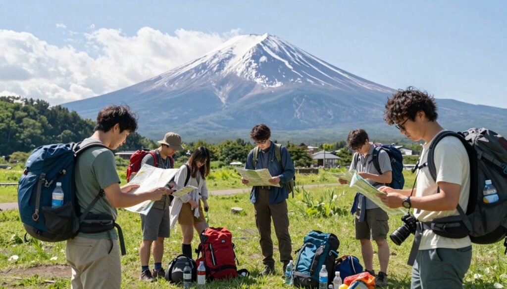 A vibrant scene depicting a group of travelers preparing for a day tour of Mt. Fuji, set in a lush green park at the base of the iconic volcano. In the foreground, diverse individuals dressed in modest, casual hiking attire are examining maps and packing their day packs with essentials like water bottles, snacks, and cameras. The middle ground features a sunny sky with a few fluffy clouds, and Mt. Fuji majestically towering in the background, adorned with a snow-capped peak. Soft, natural lighting illuminates the scene, casting gentle shadows. The atmosphere conveys excitement and anticipation for an adventurous day, inviting viewers into the preparation process for exploring this renowned landmark.