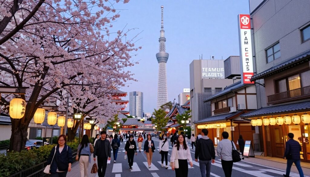A vibrant scene depicting popular attractions near TEAMLAB PLANETS Tokyo, showcasing a blend of modernity and tradition. In the foreground, a bustling street lined with cherry blossom trees leads to the iconic Tokyo Skytree, shimmering against the evening sky. The middle ground features a lively intersection with pedestrians dressed in casual, stylish attire, a mix of locals and tourists. Traditional Japanese lanterns hang from nearby storefronts, adding warmth to the atmosphere. In the background, the urban skyline is accentuated by neon signs, and a distant view of Senso-ji Temple highlights the city's cultural heritage. Soft, ambient lighting enhances the scene, creating a magical, inviting mood reminiscent of a vibrant Tokyo evening. Capture this moment from a slightly elevated angle to establish depth and perspective.