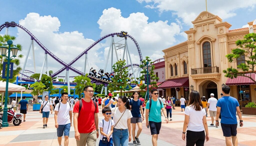A vibrant scene depicting the excitement of Universal Studios Singapore. In the foreground, groups of families and friends are gathered, smiling and engaging with various attractions, all dressed in colorful, modest casual clothing. The middle section features iconic rides like the Battlestar Galactica roller coaster and the stunning Hollywood Boulevard with its detailed architecture, bustling with excited visitors. The background showcases a bright blue sky with fluffy white clouds, adding a cheerful atmosphere. Use bright, natural lighting to enhance the joy of the moment, capturing the essence of a fun day out. The angle should be slightly elevated, providing a broad view of the park while maintaining the focus on the lively activities happening in the foreground.