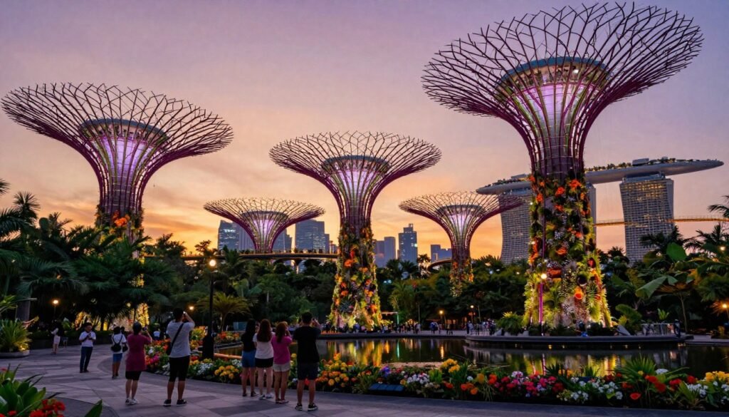 A vibrant scene of Gardens by the Bay's Supertree Grove in Singapore, showcasing the towering, futuristic Supertrees adorned with lush greenery and colorful flowers at twilight. In the foreground, visitors in modest casual attire explore the area, capturing photos and admiring the breathtaking landscape. The middle ground features the iconic Supertrees illuminated with soft, ambient lights, casting gentle reflections on a serene pond. The background reveals the skyline of Singapore, with the Marina Bay Sands hotel gracefully rising against a dusky sky filled with warm hues of orange and purple. The mood is enchanting and inviting, evoking a sense of wonder and tranquility. The image is captured with a wide-angle lens, emphasizing the grandeur of the structures and the natural beauty around them.