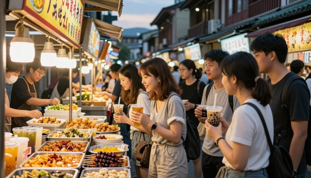 A vibrant street scene at Taipei's Raohe Night Market showcasing a variety of local snacks. In the foreground, a diverse group of people, dressed in modest casual clothing, enthusiastically sampling food from stalls filled with colorful culinary delights such as stinky tofu, bubble tea, and grilled skewers. The middle ground features bustling vendors, illuminated by warm, inviting lights, creating a lively atmosphere. Stalls are adorned with bright signage and delicious dishes attractively displayed. In the background, traditional Taiwanese architecture can be seen under a twilight sky, enhancing the cultural vibe. Capture the scene with a shallow depth of field to keep the focus on the food and the joyful expressions of the people, using natural lighting to convey a warm and inviting mood.