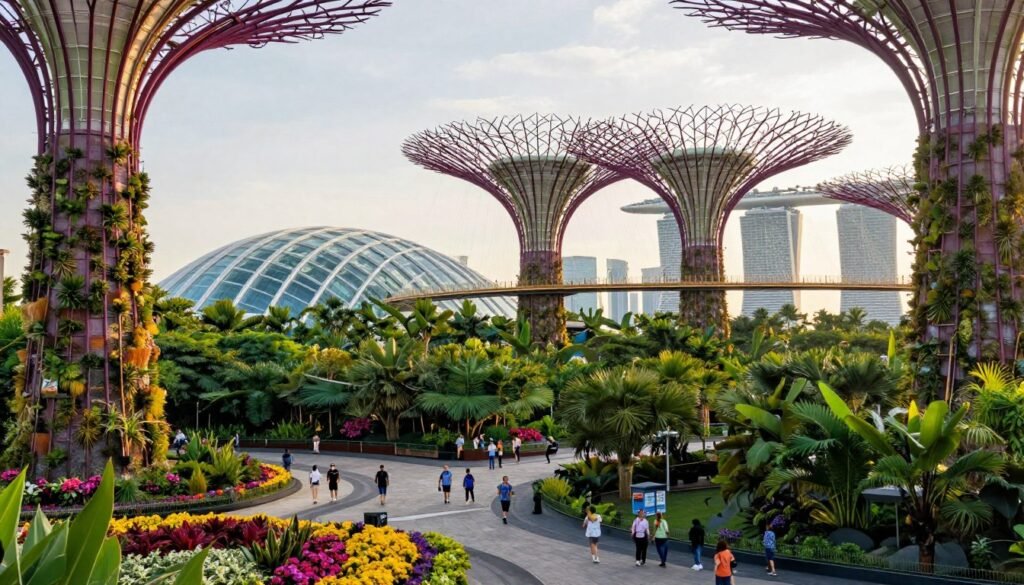 A vibrant view of Gardens by the Bay, showcasing the iconic Supertree Grove surrounded by lush greenery. In the foreground, colorful blooming flowers and manicured pathways lead to the towering Supertrees, with visitors dressed in casual attire exploring the area. In the middle, the futuristic Cloud Forest and breathtaking Flower Dome create a stunning backdrop, reflecting both nature and innovative architecture. In the background, distant views of the Marina Bay Sands Hotel and the Singapore skyline highlight the urban environment. The scene is bathed in warm, golden hour sunlight, providing a soft glow that enhances the colors and creates a welcoming atmosphere. The photo is taken from a slightly elevated angle, emphasizing depth and perspective, capturing the essence of exploration and beauty in this iconic location.