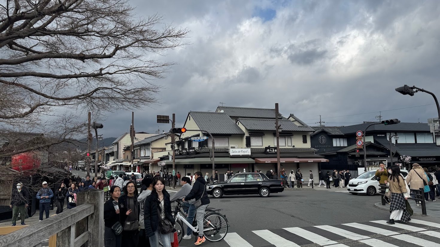 Cloudy street scene in Arashiyama, Japan, for flexible rainy-day planning