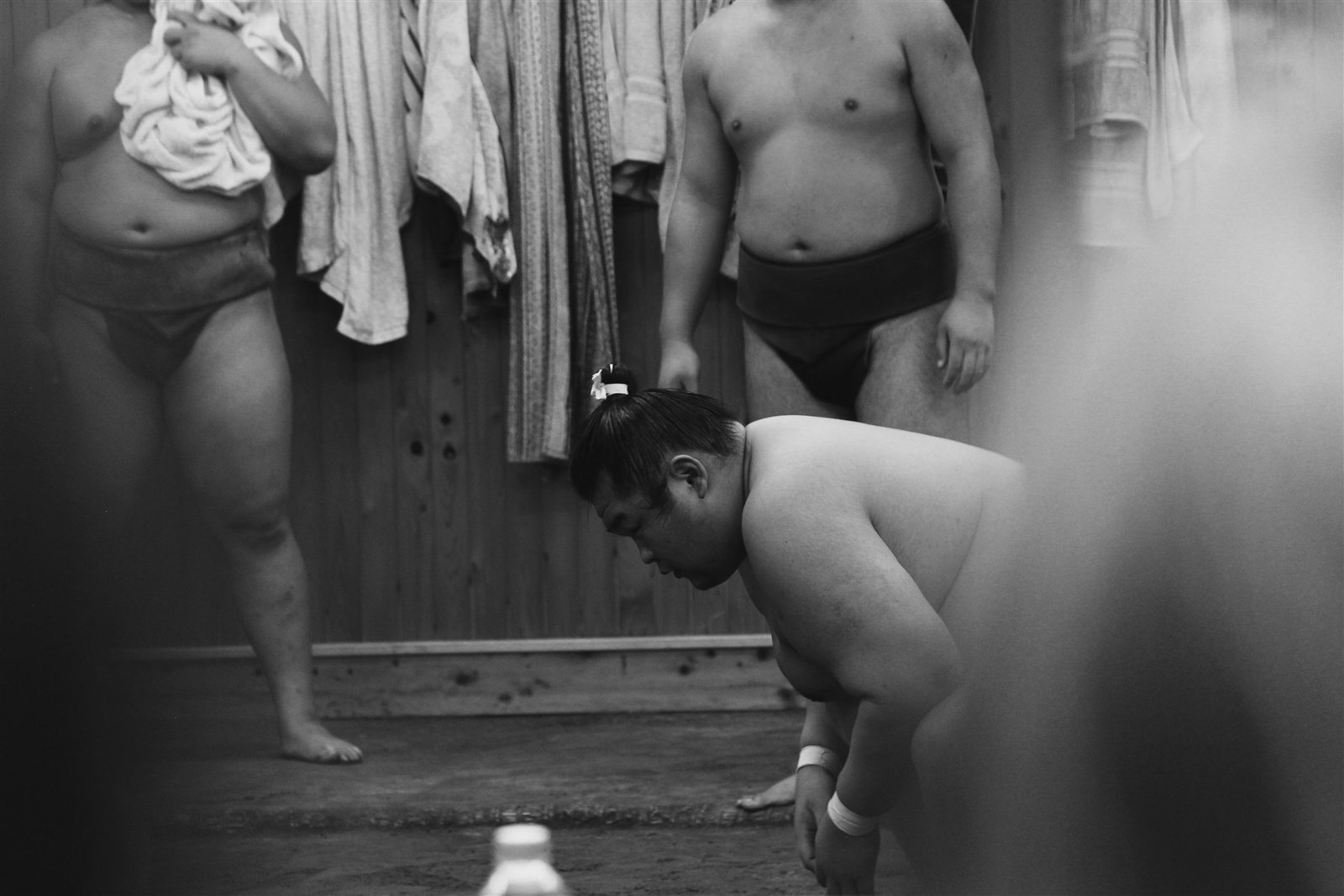 Sumo wrestlers preparing before a bout in Tokyo